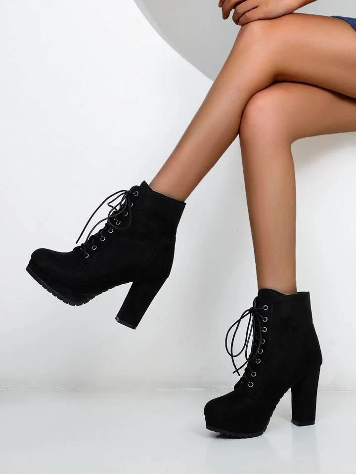 Women Minimalist Lace Up Side Zip Chunky Heeled Combat Boots | SHEIN