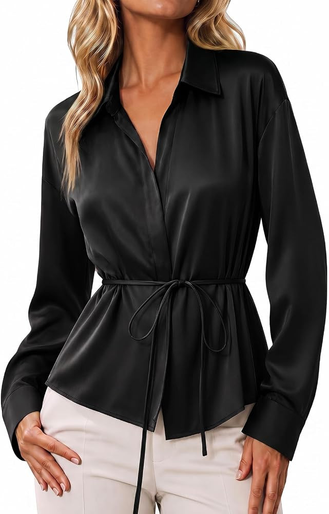 Cicy Bell Womens Satin Blouses Silky Dress Shirts V Neck Button Down Tops | Amazon (US)
