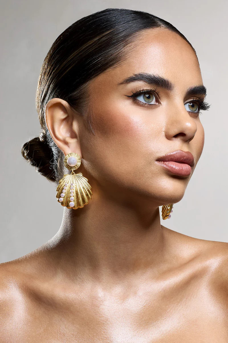 Seashell | Gold Shell Pearl Drop Earrings | Club L London IE