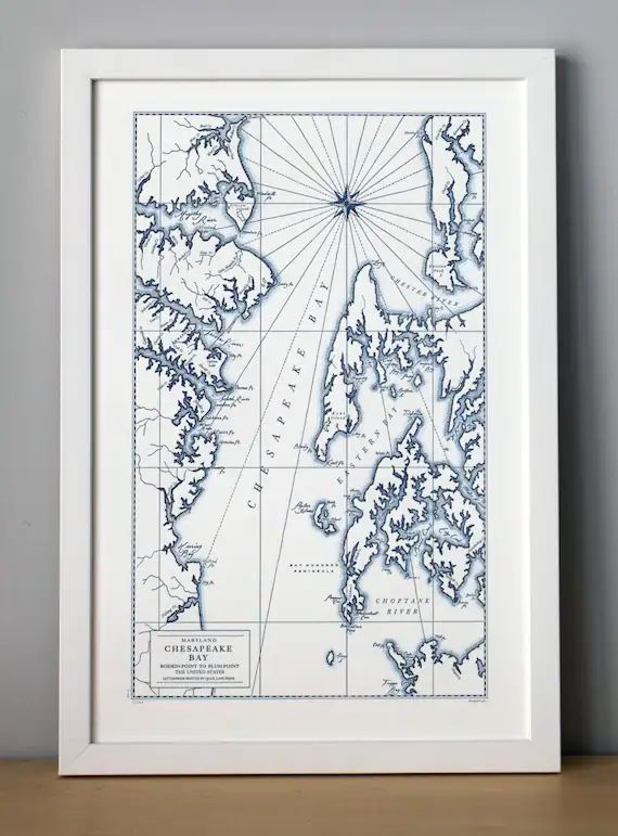 Chesapeake Bay Maryland Letterpress Map Art Print navy | Etsy | Etsy (US)