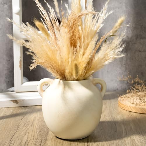 Fobule Rustic Ceramic Farmhouse Vase with 2 Handles, Small Decorative Terracotta Flower Vase for Living Room, Table Centerpiece, Shelf Decor, Farmhouse, Entryway - 14.8cm Tall, Vintage White | Amazon (UK)