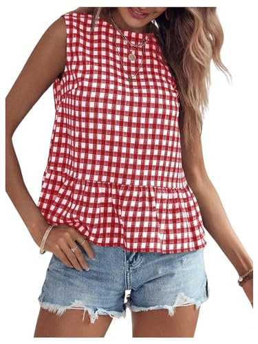 Floerns Women's Gingham Print Round Neck Sleeveless Ruffle Hem Peplum Blouse Top Red X-Large | Amazon (US)