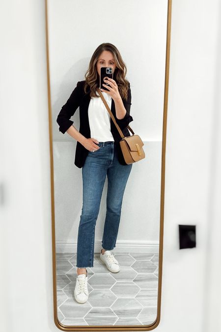 Jeans, white tee and leather sneakers all run tts. Black blazer is old - linking great options. 
I linked Madewell jeans that are almost identical style to these mother jeans  

#LTKshoecrush #LTKsalealert #LTKstyletip