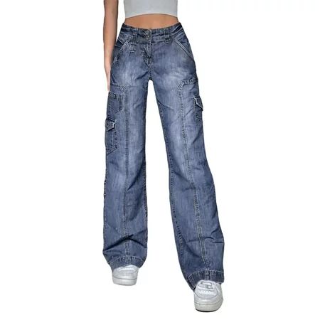 Douhoow Women Cargo Jeans High Waist Wide Leg Baggy Denim Pants Washed Trousers | Walmart (US)
