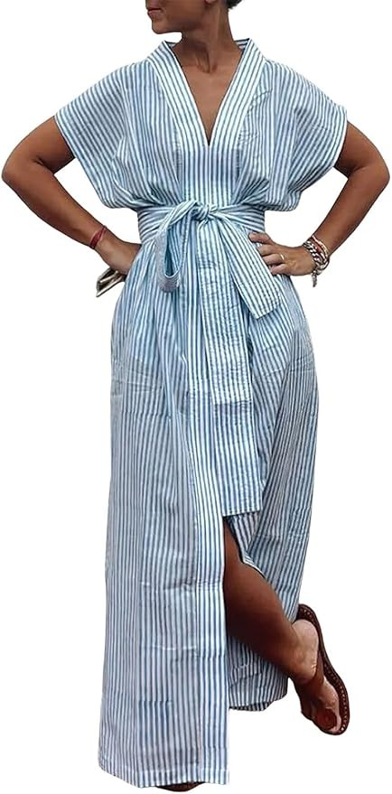 ebossy Women's Summer Casual Striped Button Down Maxi Dress Tie Waist Batwing Sleeve Shirt Dress ... | Amazon (US)