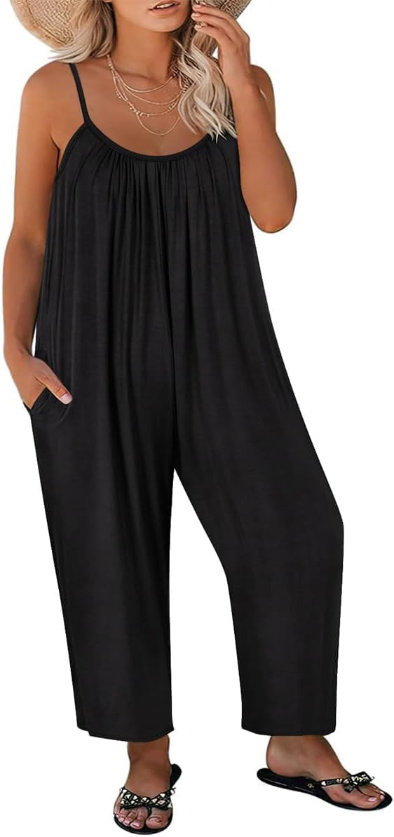 RITERA Plus Size Romper For Women Sleeveless Jumpsuits Adjustable Strap Long Wide Leg Pant Side P... | Amazon (US)