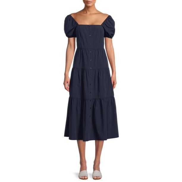 Time and Tru Women's Button Front Short Sleeve off Shoulder Dress - Walmart.com | Walmart (US)
