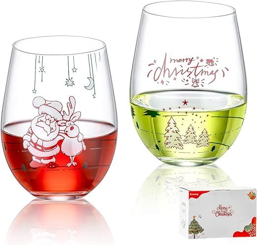 Gezzeny Christmas Wine Glasses, Merry Christmas Crystal Stemless Wine Glasses 15 Oz Set of 2 Wine... | Amazon (US)