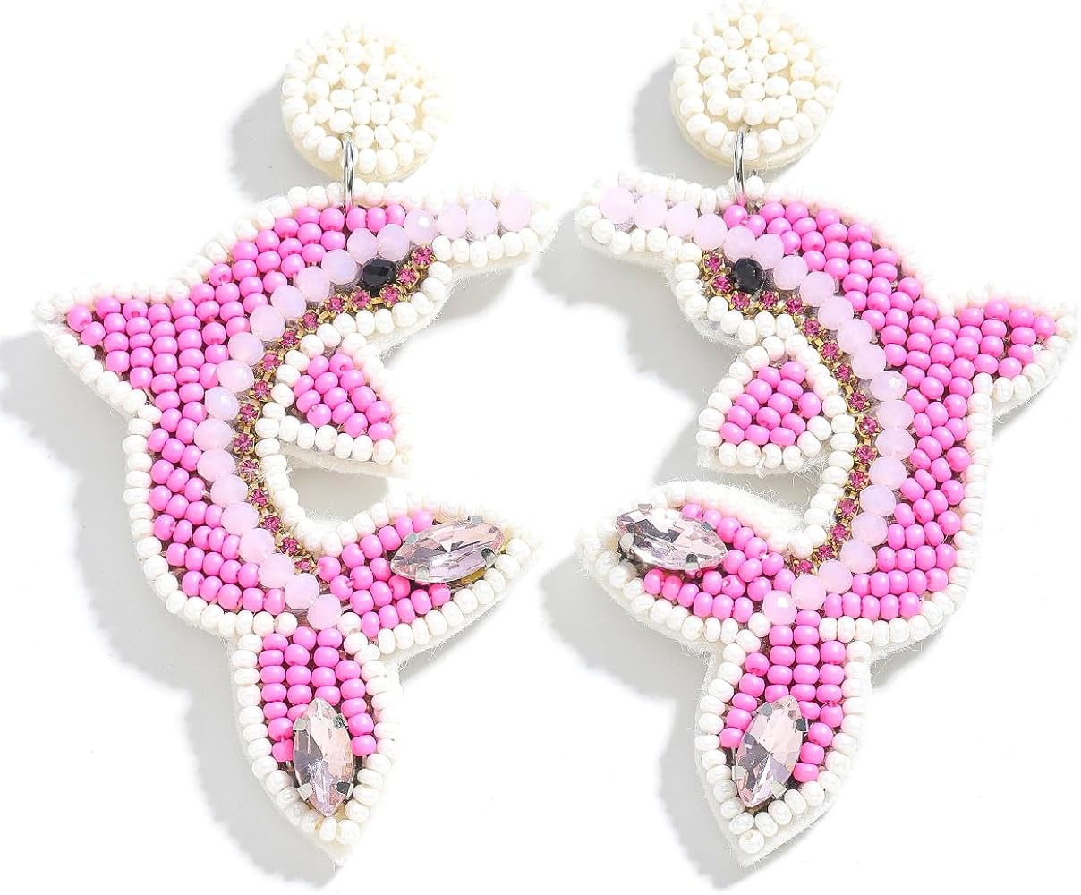 Beaded Dolphin Dangle Earrings for Women, Handmade Beads Sea Animal Earrings with Rhinestone, Sum... | Amazon (US)