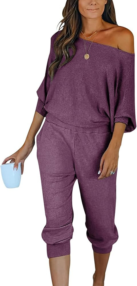 PRETTYGARDEN Women's 2 Piece Ribbed Tracksuit Outfits Off Shoulder Long Sleeve Pullover Lounge Pa... | Amazon (US)