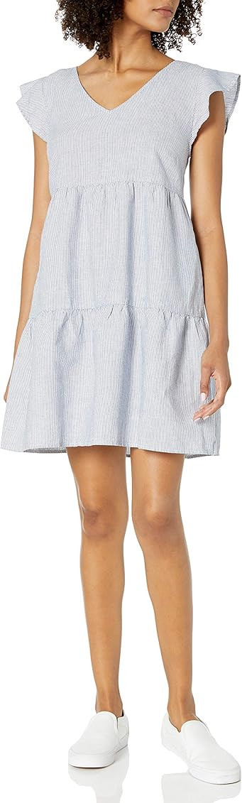 Goodthreads Women's Relaxed-Fit Washed Linen Blend Flutter-Sleeve Peasant Dress | Amazon (US)