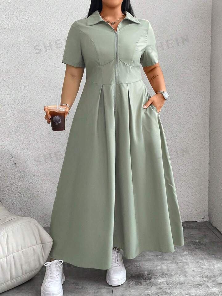 SHEIN EZwear Plus Size Solid Color Zipper Dress With Pockets, Summer Casual Short Sleeves | SHEIN