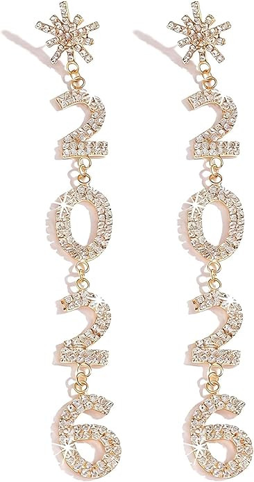 New Years Earrings for Women 2026: Sparkling 2026 Shape Dangle Earrings with Rhinestones & Pearls... | Amazon (US)
