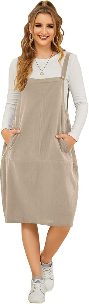 FLORHO Women Casual Spaghetti Strap Overalls Loose Jumper Dress with Side Pocket | Amazon (US)