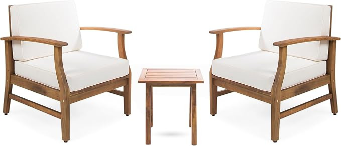 Christopher Knight Home Outdoor 2 Seater Acacia Wood Chat Set with Cushions, Teak and Cream | Amazon (US)