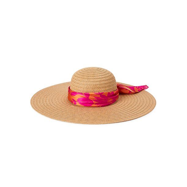 Scoop Women’s Straw Sun Hat with Scarf Trim, Adult Female Tan Sunhat - Walmart.com | Walmart (US)