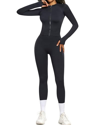 OLCHEE Womens Workout Sets 2 Piece - Seamless Yoga Outfits Long Sleeve Zipper Jacket and High Waist Leggings Butt Lifting Gym Set - Black Small | Amazon (US)