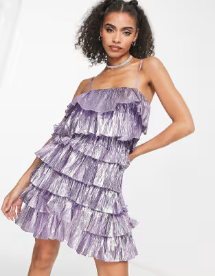 Collective the Label exclusive metallic tiered mini dress in pewter | ASOS (Global)