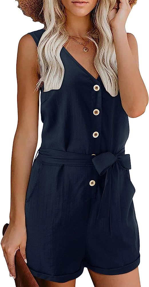 LAISHEN Womens Summer Sleeveless Button Down Rompers V-Neck Short Jumpsuits with Pockets | Amazon (US)