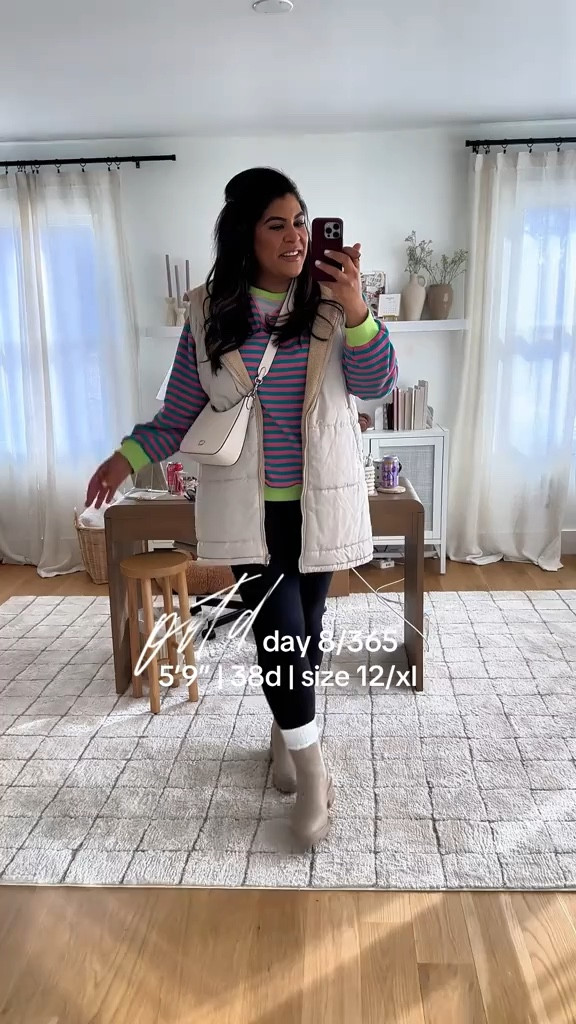midsize outfit of the day 1.8.25 — fun striped free people look for less from amazon! I am 5’9” 38D size 12/xl wearing a size XL in sweatshirt, L sherpa lined leggings, and XL for the sherpa lined vest ♡




#LTKMidsize #LTKSeasonal #LTKWatchNow