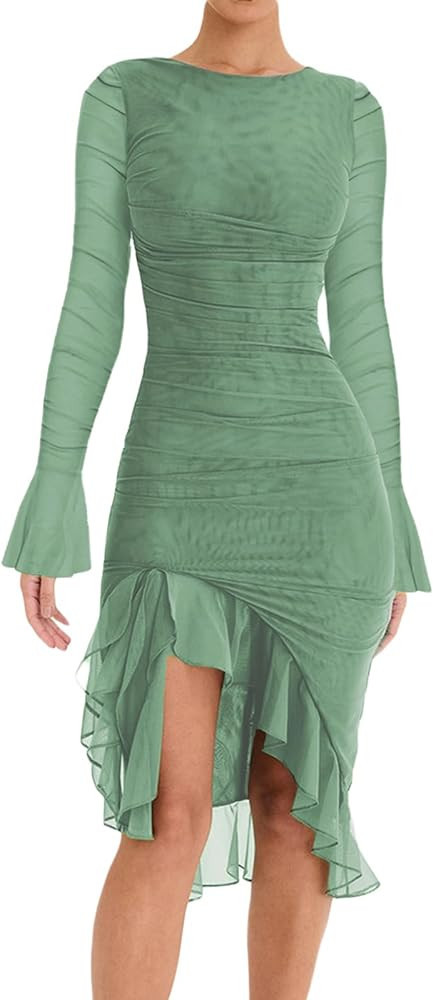 Chloefairy Women's Spring Fall Midi Bodycon Mesh Long Sleeve Ruffle Hem Mermaid Cocktail Elegant ... | Amazon (US)