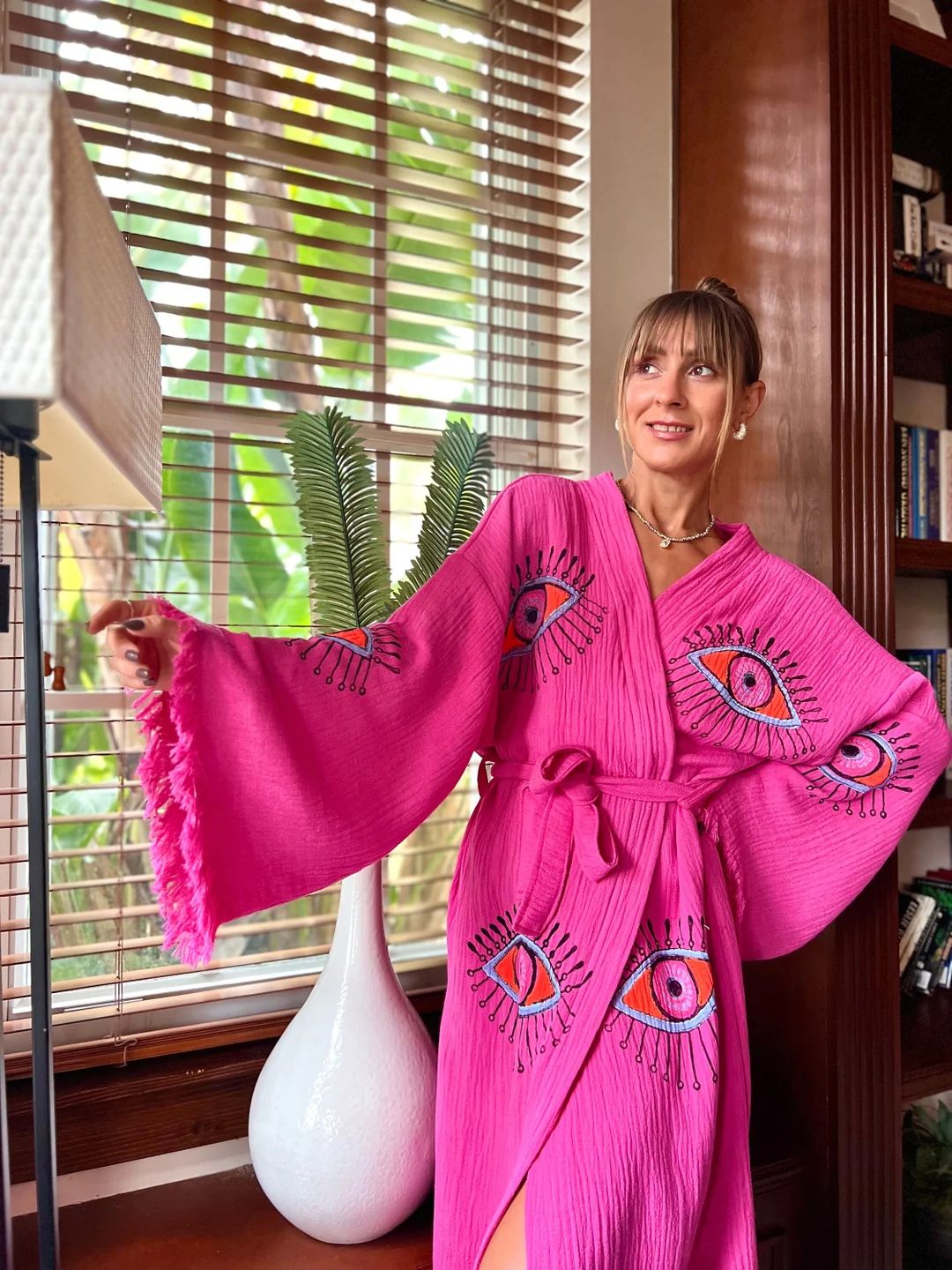 Organic Cotton Boho Robe, Pink Kimono Summer Wrap, Loungewear Evil Eye Robe, Resort Wear,gift for... | Etsy (US)
