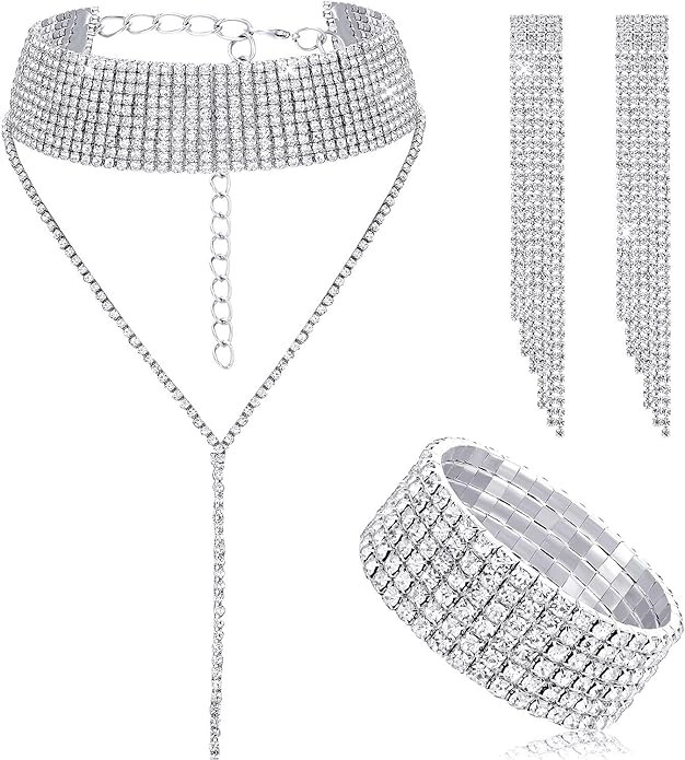 Hicarer Women Crystal Jewelry Set Bridal Wedding Rhinestone Choker Bracelet Dangle Earrings | Amazon (US)