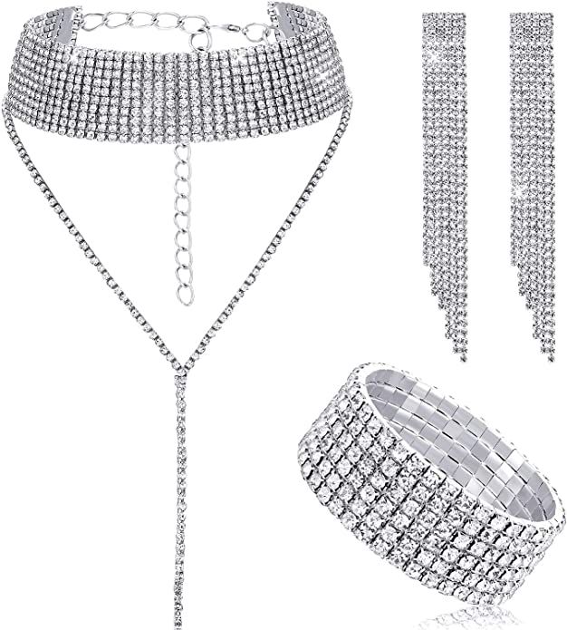 Hicarer Women Crystal Jewelry Set Bridal Wedding Rhinestone Choker Bracelet Dangle Earrings | Amazon (US)