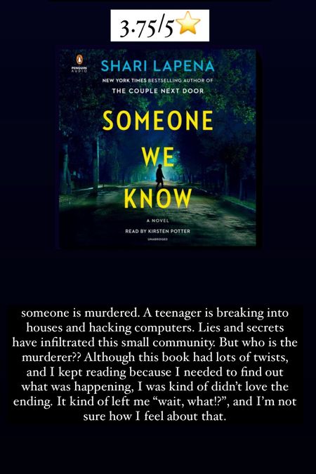 34. Someone We Know by Shari Lapena :: 3.75/5⭐️ someone is murdered. A teenager is breaking into houses and hacking computers. Lies and secrets have infiltrated this small community. But who is the murderer?? Although this book had lots of twists, and I kept reading because I needed to find out what was happening, I was kind of didn’t love the ending. It kind of left me “wait, what!?”, and I’m not sure how I feel about that. However, I did NOT guess the culprit 😂

#LTKhome #LTKtravel