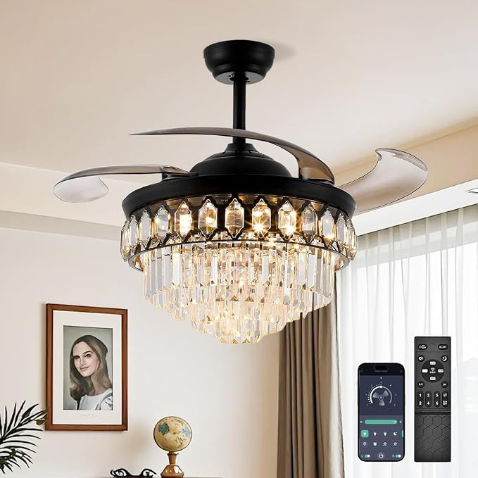 42 Inch Crystal Chandelier Ceiling Fan with Light Retractable Invisible Blade LED Lighting with R... | Amazon (US)