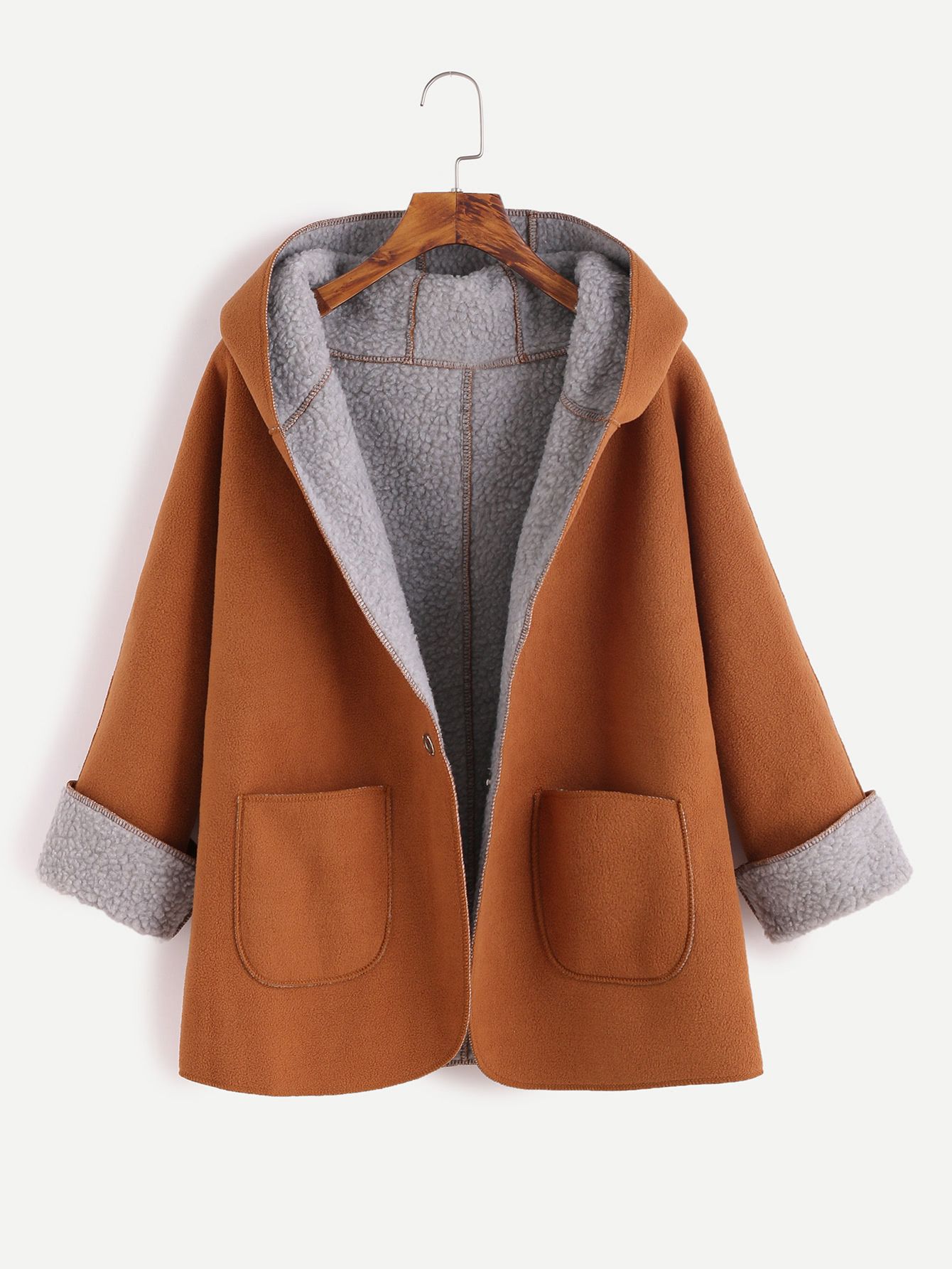 Contrast Sherpa Lining Single Button Hooded Coat | SHEIN