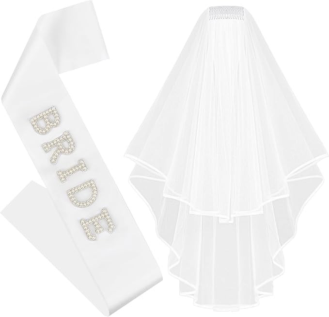 Chanaco Bride to Be Sash Bridal White Veil for Wedding 2Pcs Bride Pearl Satin Sash Bachelorette P... | Amazon (US)