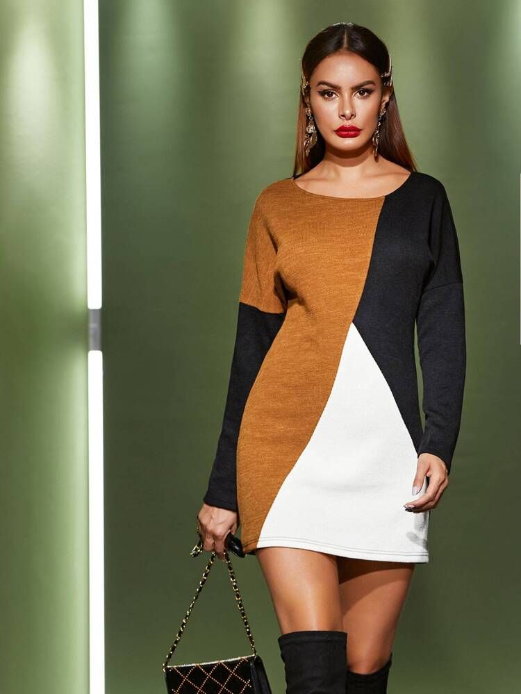 Drop Shoulder Colorblock Sweater Dress | SHEIN