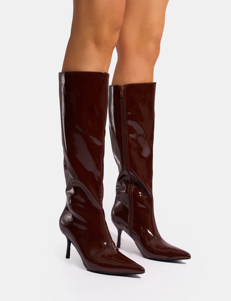 Amped Chocolate Patent Pointed Toe Mid Heel Knee High Boots | Public Desire