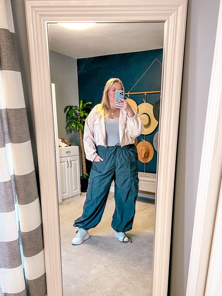 Love styling these baggy fit cargo pants and I already have two colors but the others are tempting also. Here I styled them with a fitted tank top, platform sneakers, and cropped jacket. 

Wearing XXL in the pants - they are baggy with lots of stretch so XL would also fit. I’m normally an 18/20

#LTKPlusSize #LTKStyleTip #LTKOver40