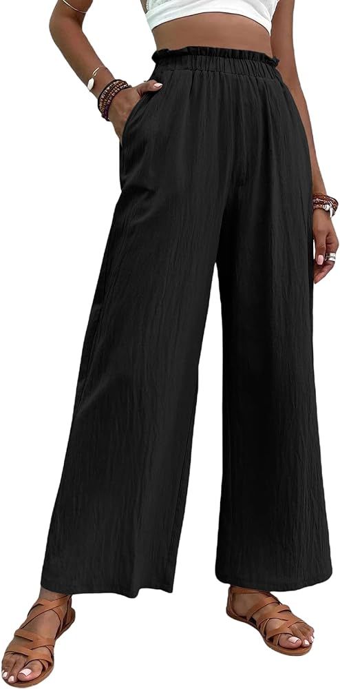 Milumia Women's Textured Paperbag High Waist Pocket Wide Leg Palazzo Pants Trousers | Amazon (US)