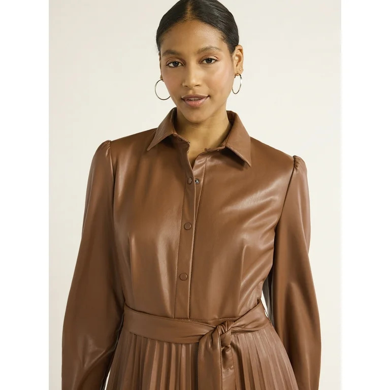 Scoop Women's Faux Leather Pleated Shirtdress with Self Tie Belt, Sizes XS-XXL - Walmart.com | Walmart (US)
