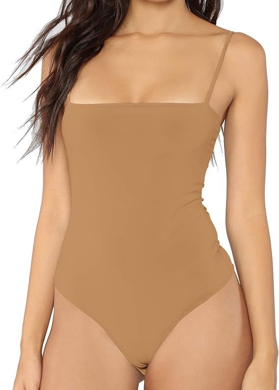 MANGDIUP Women's Square Neck Backless Camisole Adjustable Spaghetti Strap Bodysuit | Amazon (US)