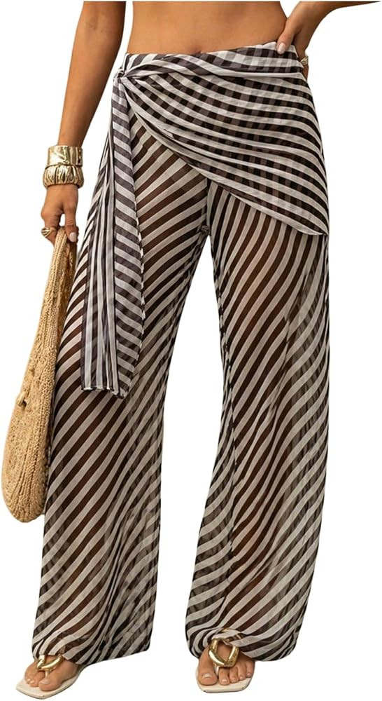 GORGLITTER Women's Low Rise Skirt Pants Wide Leg Striped Wrap Sheer Trouser | Amazon (US)