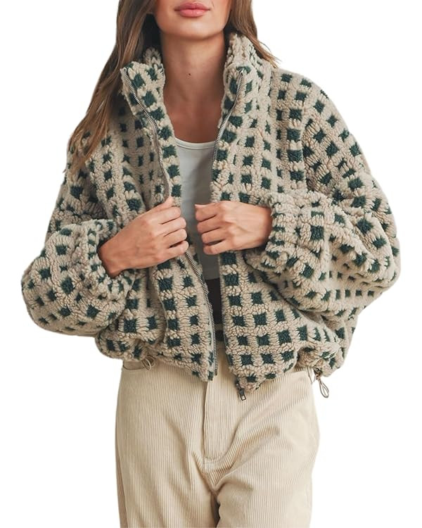 Esmeling Women’s Long Sleeve Cropped Sherpa Fleece Plaid Jacket Casual Chunky Teddy Fleece Oute... | Amazon (US)