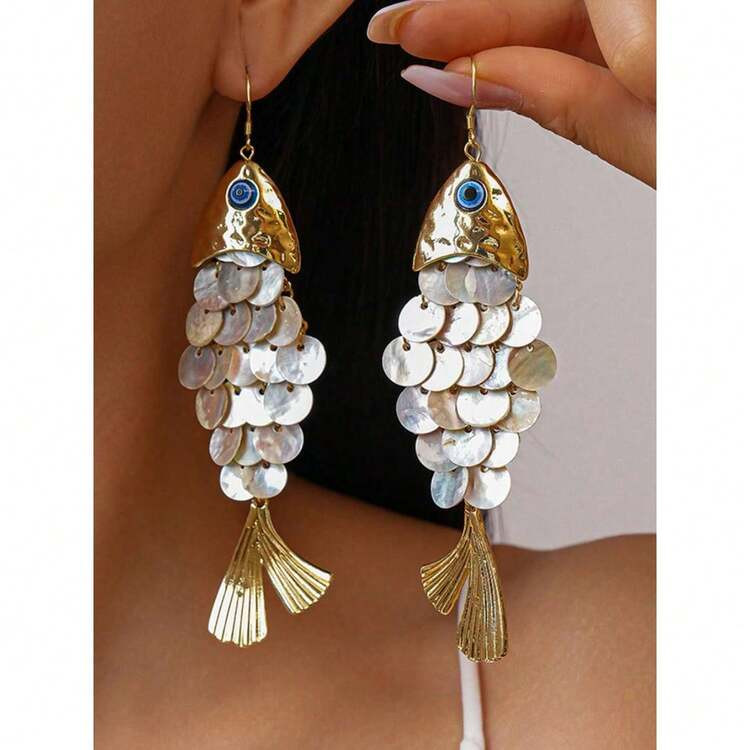 1 Pair Creative Fish Shaped Shell Tassel Earrings, Elegant Personalized Accessories With Beach Va... | SHEIN