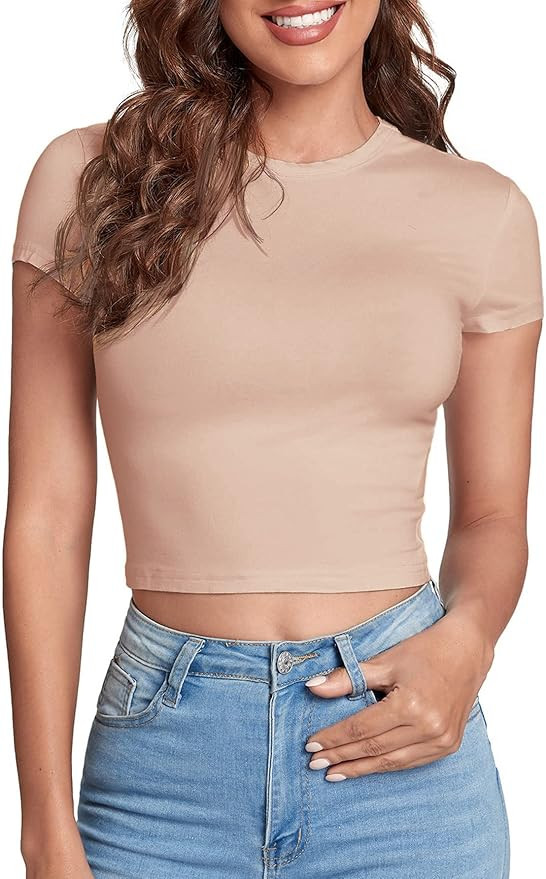 Verdusa Women's Casual Basic Cap Sleeve Slim Fitted Round Neck Crop Tee Top | Amazon (US)