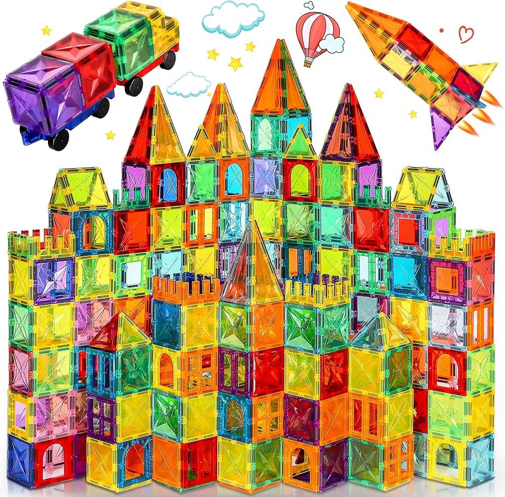 Meuzhen 120Pcs Magnetic Tiles with 2 Cars Toy Set, Magnet Diamond Tiles 3D Building Blocks, Toddl... | Amazon (US)