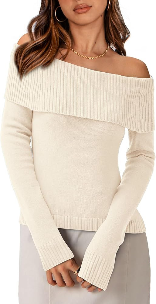 PRETTYGARDEN Women's Fall Off Shoulder Sweaters Y2K Long Sleeve Ribbed Knit Fitted Pullover Tops ... | Amazon (US)