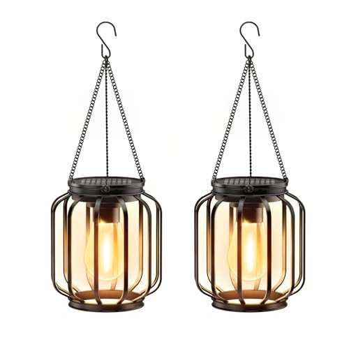 Solar Hanging Lanterns Outdoor: 2 Pack Metal Solar Hanging Lights with Hook, Bright - Warm Waterproof LED Lanterns for Outside, Classic Decorative Solar-Powered Light for Yard Garden Patio Porch Decor | Amazon (US)