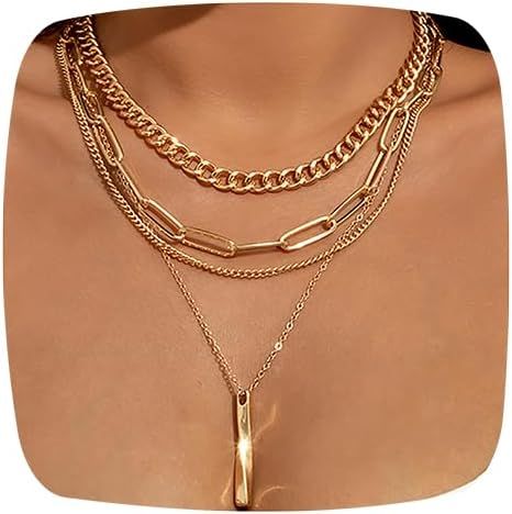 MUAYOUAUM Bar Necklaces for Women Gold Layered Choker Necklaces for Men Link Chain Necklaces | Amazon (US)