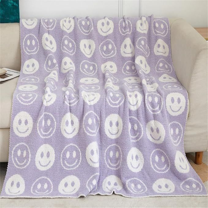 Happy Face Knitted Throw Blankets Reversible Soft Knit Blanket with Two-Toned Cute Pattern Bed Th... | Amazon (US)