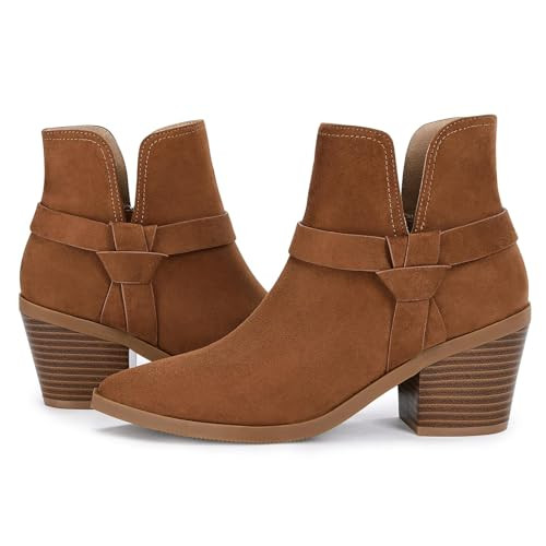 Coutgo Womens Pointed Toe Ankle Boots Cutout Tie Knot Chunky Block Stacked Heel Suede Booties Shoes, Brown, Size 8.5 | Amazon (US)