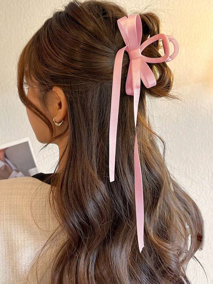 1pc Women's Solid Color Double Layer Bowknot Hair Claw Clip With Streamers, Suitable For Daily Us... | SHEIN