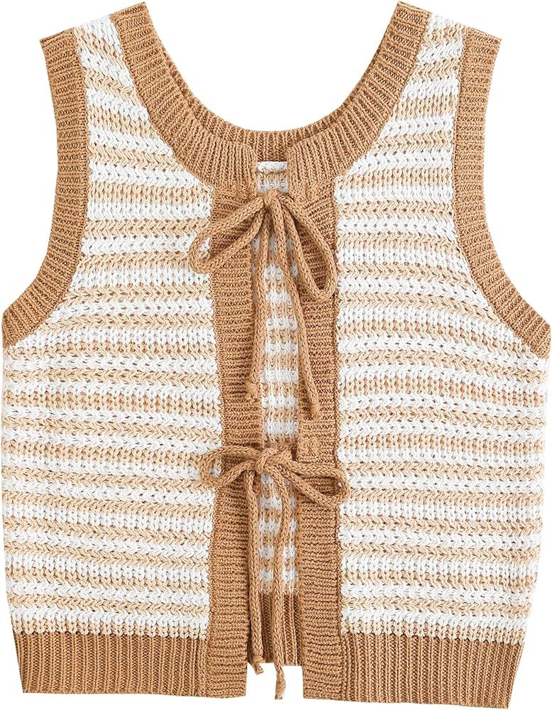 Sweater Vest Women Casual Sleeveless Crochet Tops Color Block Tie Back Knit Tank Tops | Amazon (US)